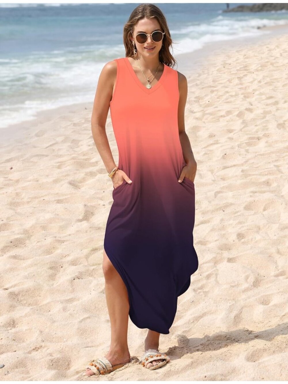 〽️Women Graded Pink Orange Sleeveless Ankle Length Pull On Imported Maxi Dresses